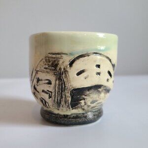 Artisan studio cup house city landscape artisan brutalist pottery clay, signed